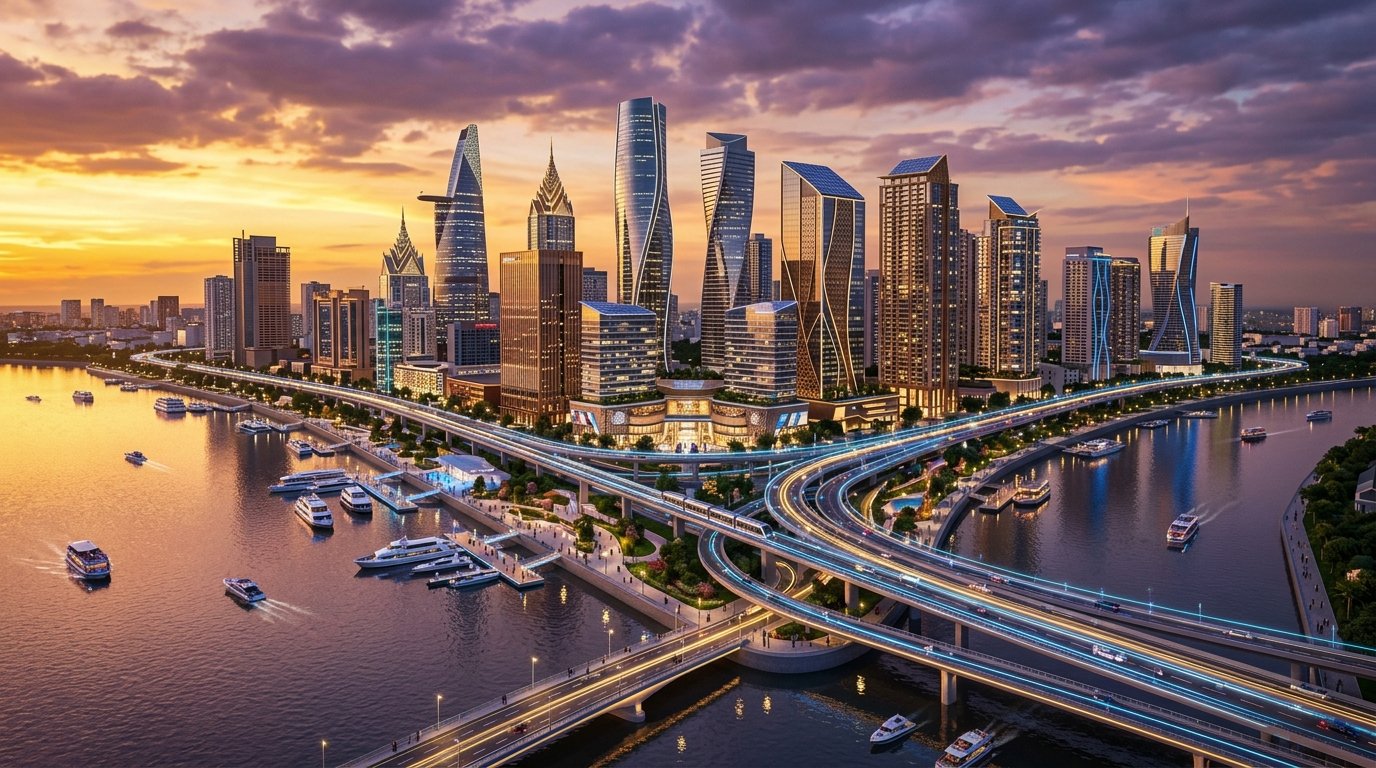 Cambodia 3D Futuristic Phnom Penh Smart City and Waterfront Skyline